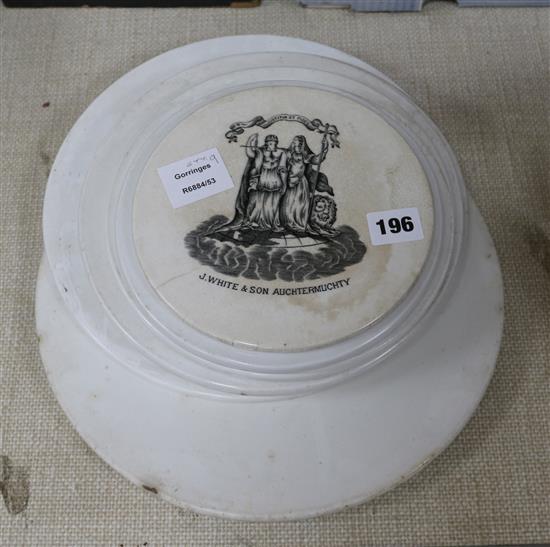A collection of Victorian ceramic weighing scale dishes, including J.White & Son of Auchtermuchty, (9 round and 1 square)